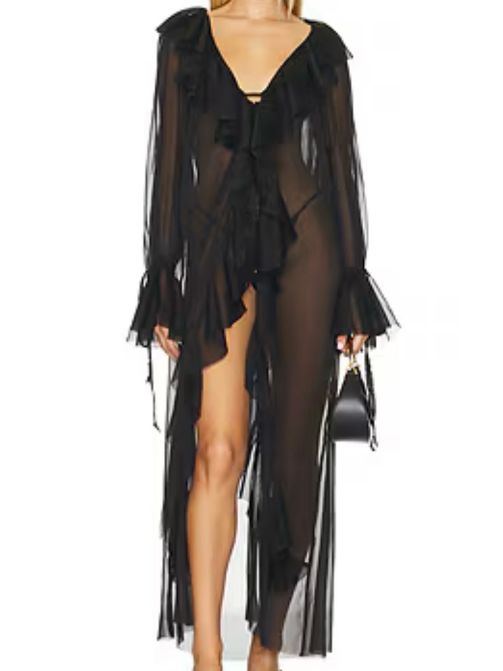 Sheer Ruffle Long tie front Cover-Up Kimono- Black Sm NWT Isrealian laser cut